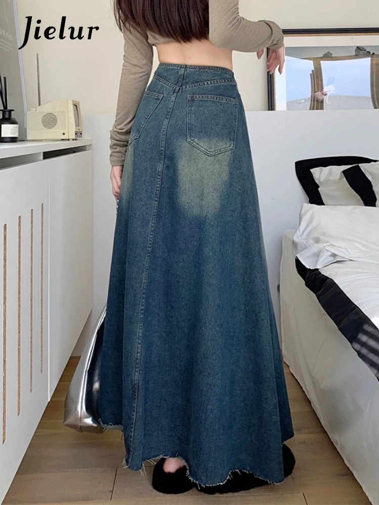 Jielur Vintage Gewassen Vrouwelijke Denim Rokken Met Hoge Taille Blauwe Chique Ritszakken Mode Kantoor Dames Effen Kleur Damesrokken