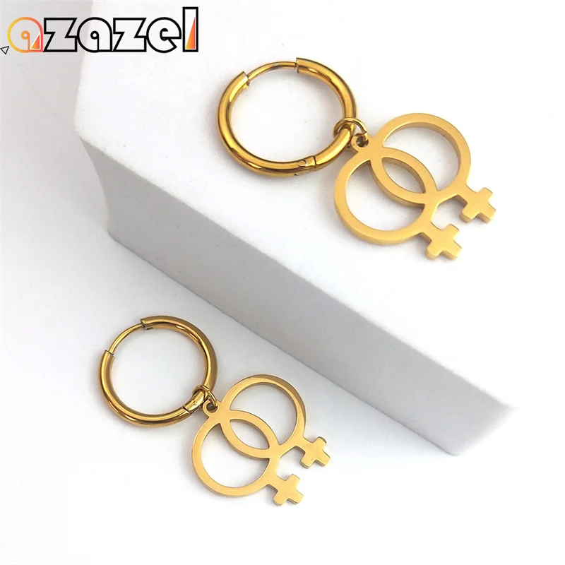 Fashion Feminist Gender Symbol Girls Hoop Earring for Women Stainless Steel Gold Color Dangle Drop Earrings Jewelry E1714S08