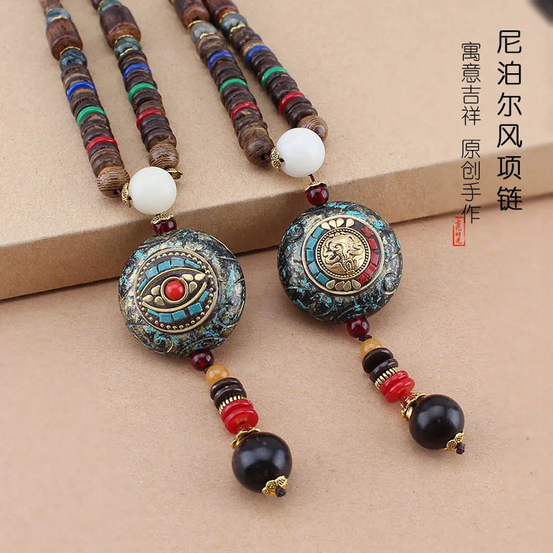 Nepal pendant sweater chain wooden Buddha bead long exotic thangka necklace cotton and linen versatile accessories men and women