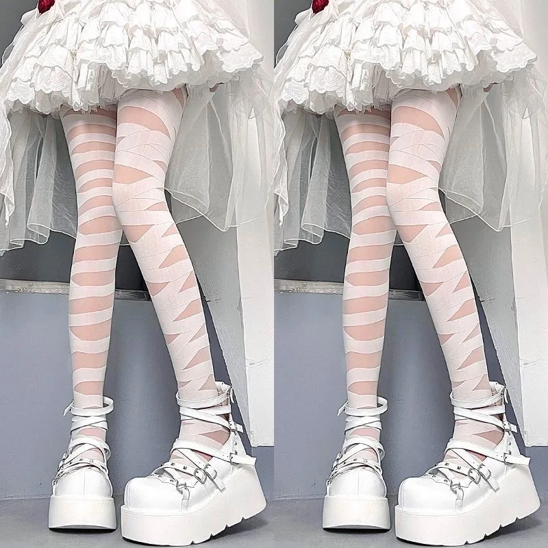 Lolita cross strap white stockings summer Women\'s stockings Thin Pure Desire Black Silk Sexy Punk Hottie Striped Pantyhose