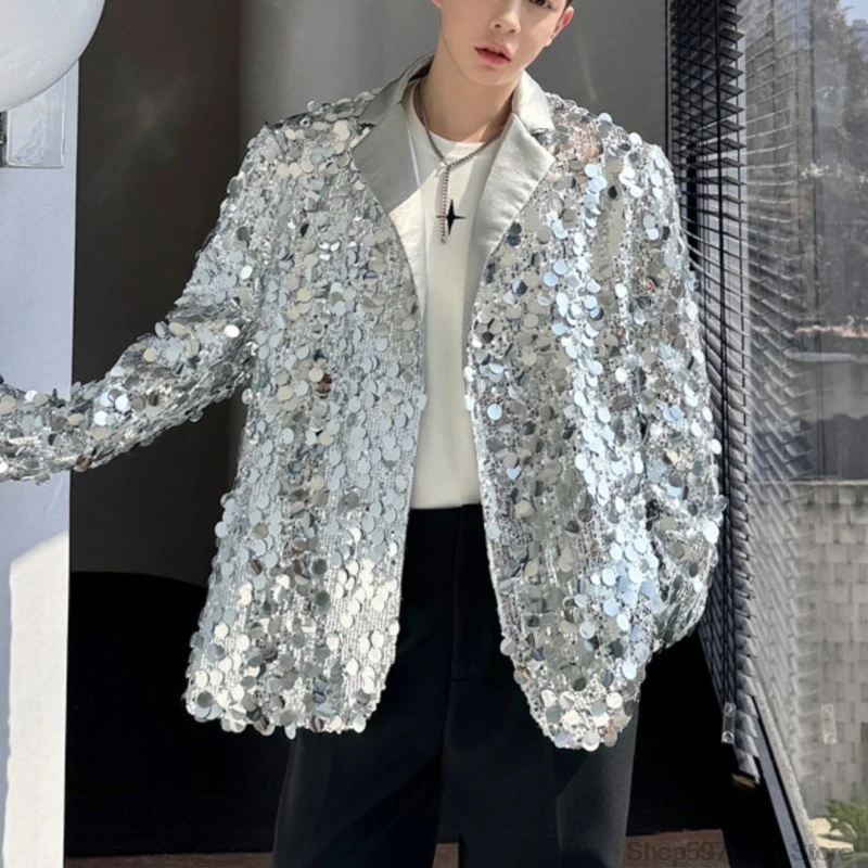 Korean Men\'s jacket Sequins Blazer Glitters Bling Suit Jackets Singer Stage Shiny Clothing Silver Oversize Party Suit Coat Man