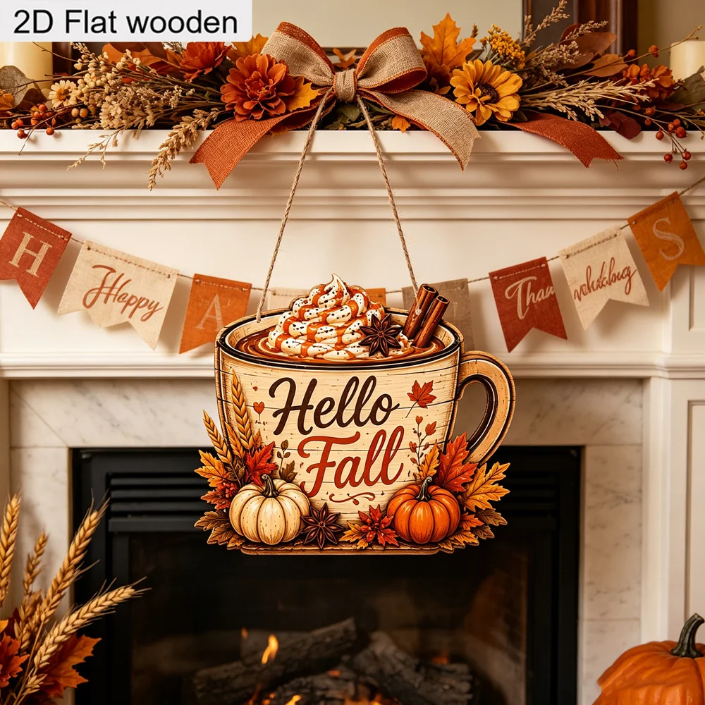 2D Holzschild „Hello Fall“ für Kaffeetassen zum Aufhängen, Kürbis-Zimt-Ahorn-Weizen-Motiv, Bauernhaus-Stil, Herbst-Dankeschön-Schild für Haustür und Wand – Detail 3