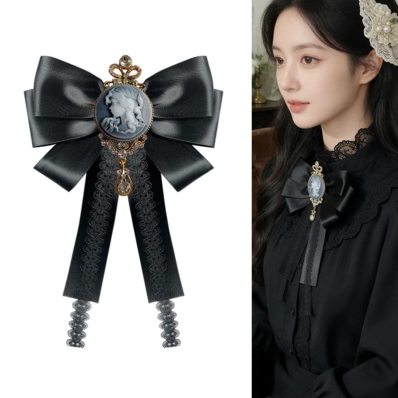 Halloween Court Style Red Rose Cross Chain Bow Lace Brooch Dark Lolita Gothic Women's Dress JK Collar Tie Handmade Accessory