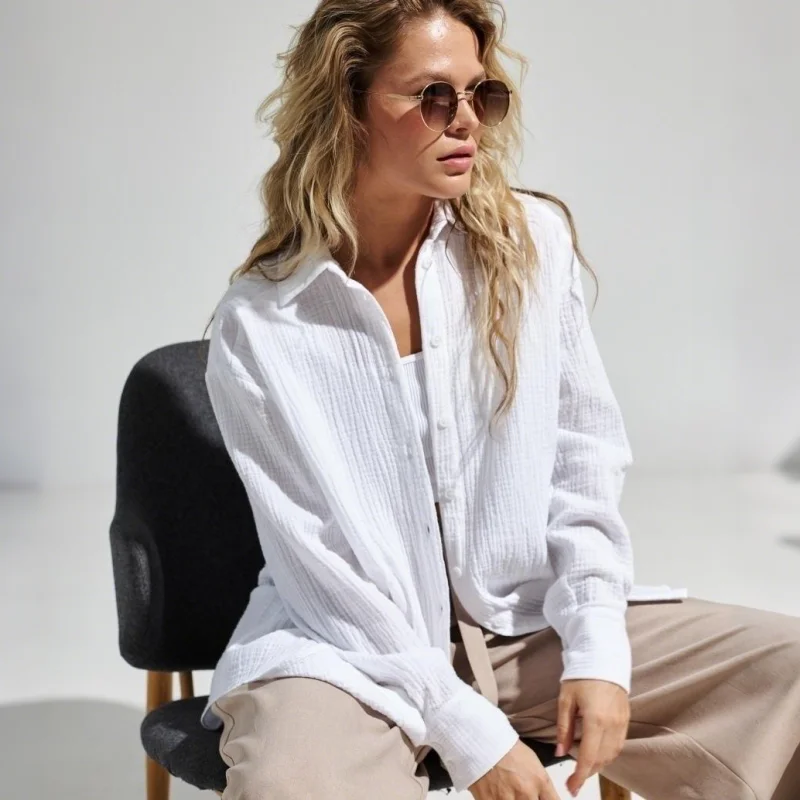 

New Autumn Long Sleeve Casual Office Women Shirt 2025 Loose Turndown Collar Blouse Spring Elegant Solid Color Women's Top