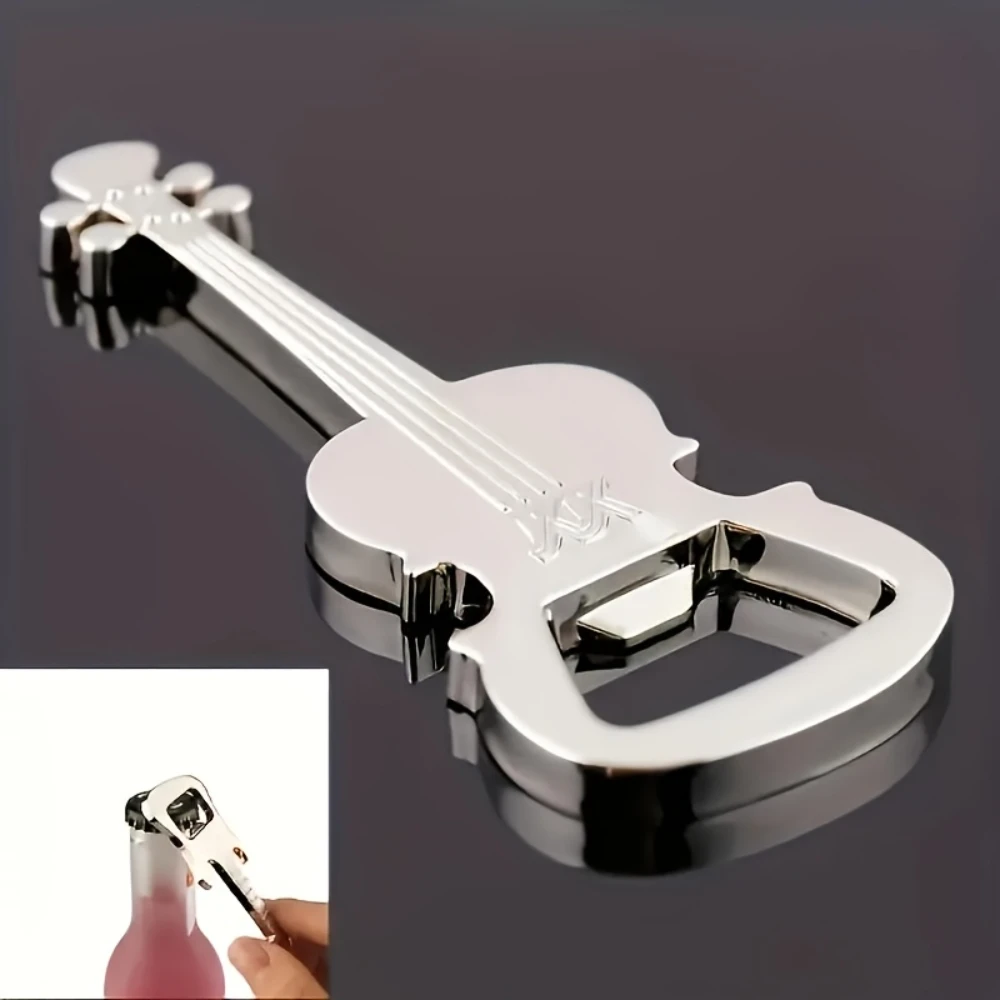 1Pc Silvery Guitar-Shaped Metal Bottle Opener, Portable Mini Bar Tool, Keychain Pendant, Novel Musical Instrument Design, No Ne