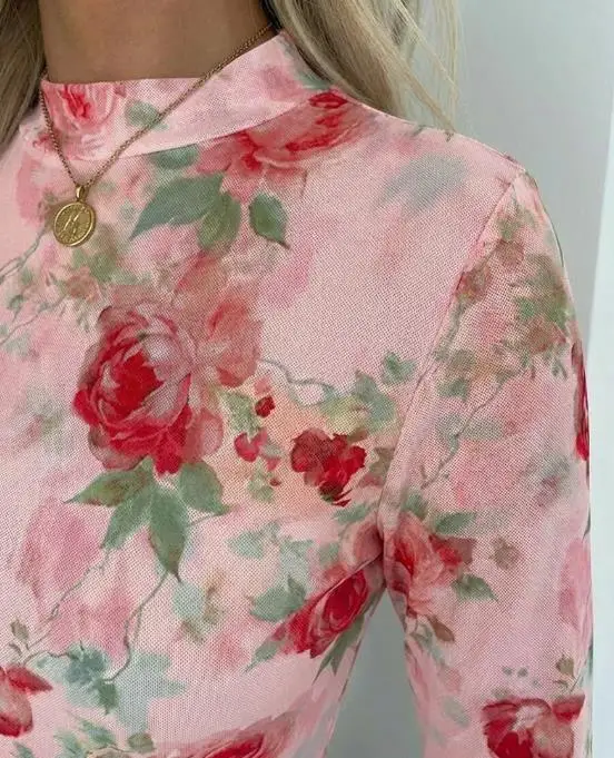 

Top Women 2026 Spring Autumn New Fashion Floral Print Mock Neck Long Sleeve Tee Slim Fit Sheer Mesh Casual Daily Top