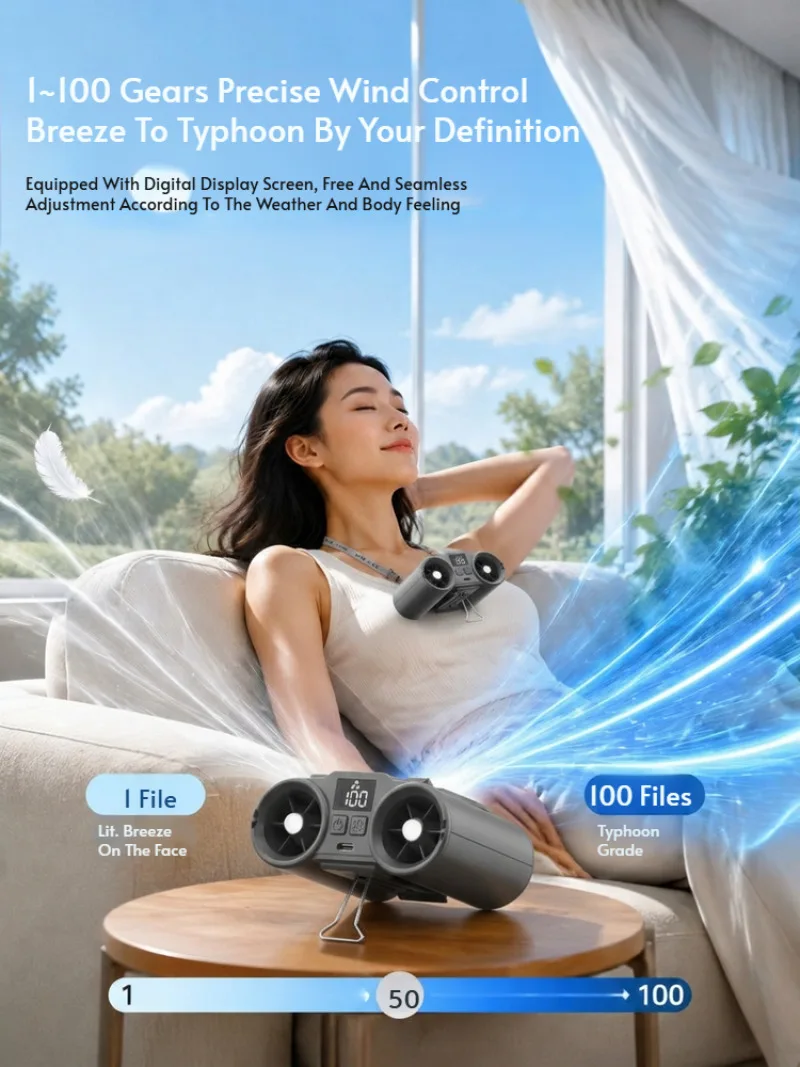 Wearable Waist Fan Dual Turbine Cooling Fan 100Speed Hurricane Airflow Portable Personal Air Conditioner for Summer Outdoor Work