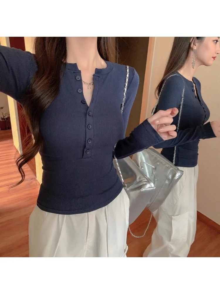Women Autumn Half-collar Long-sleeve T-shirt Lady Buttoned Slim-fit Top Girl Casual Basic Shirt Woman Inner Breathable Layer Top