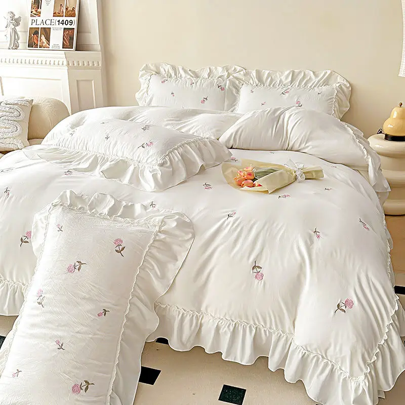 French Style White Duvet Cover Embroidered With Small Flower With Lace Design Duvet Cover Bed Sheet For Bedroom And Guest Room