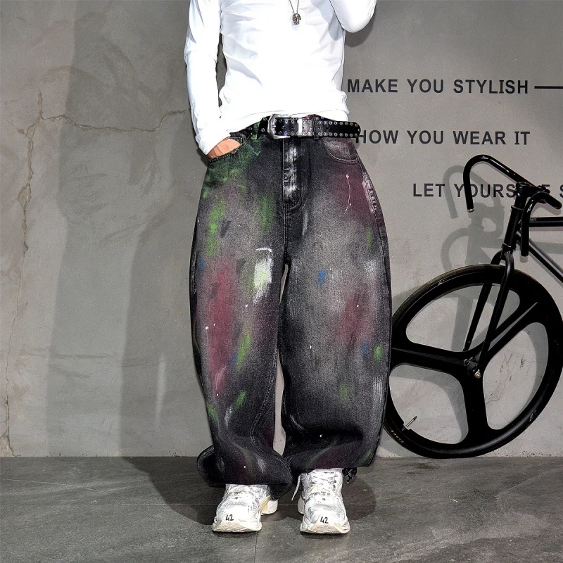 

Vibe Streetwear Graffiti Painted Curved Wide Leg Jeans Men, Trendy Baggy Stacked Denim Pants