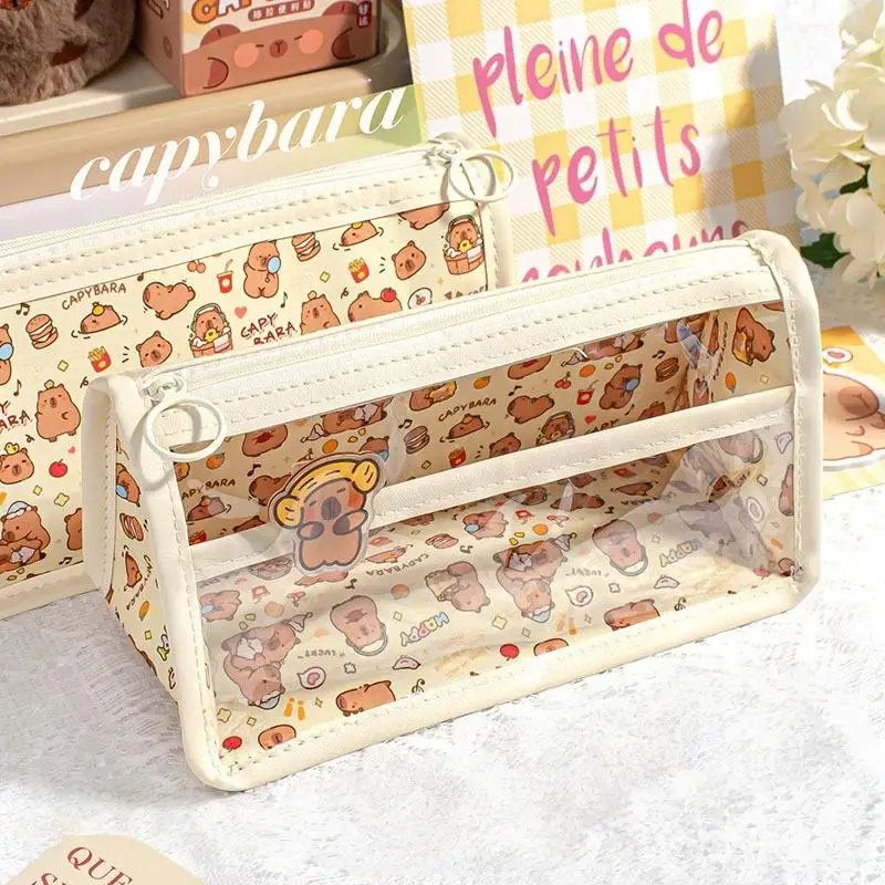 Large Storage Pen Case with Capybara Design Multi-Functional School Makeup Bag