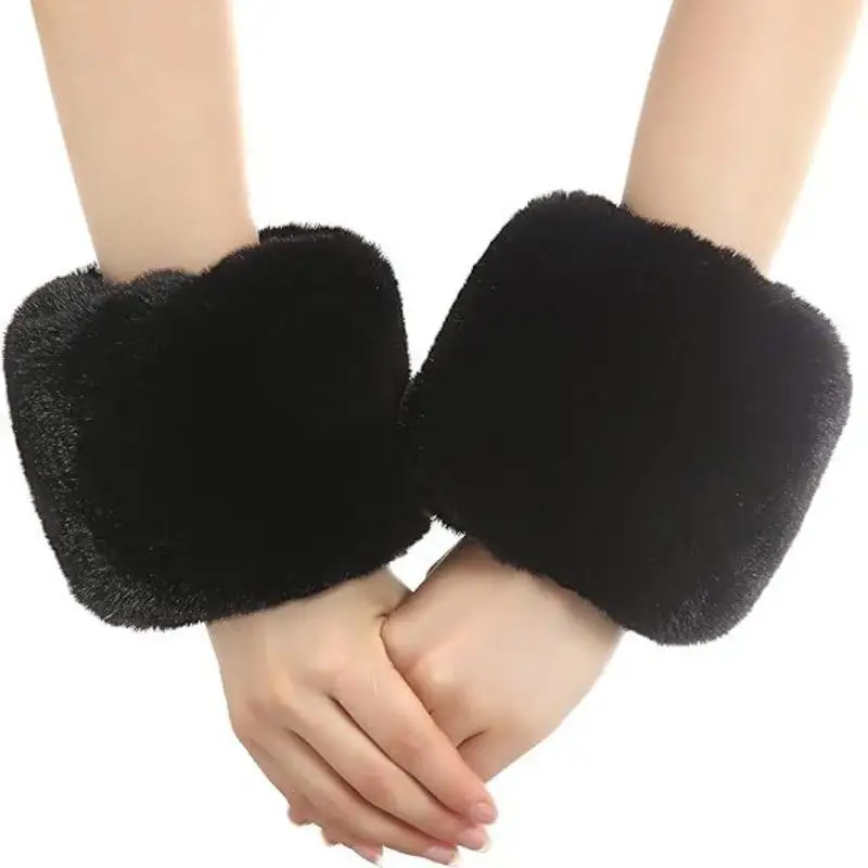 1Pair Women Winter Cold Warm Fur Elastic Wrist Slap On Decorative Wrist Cuff Ladies Solid Color Arm Warmer Plush Wrist Protector