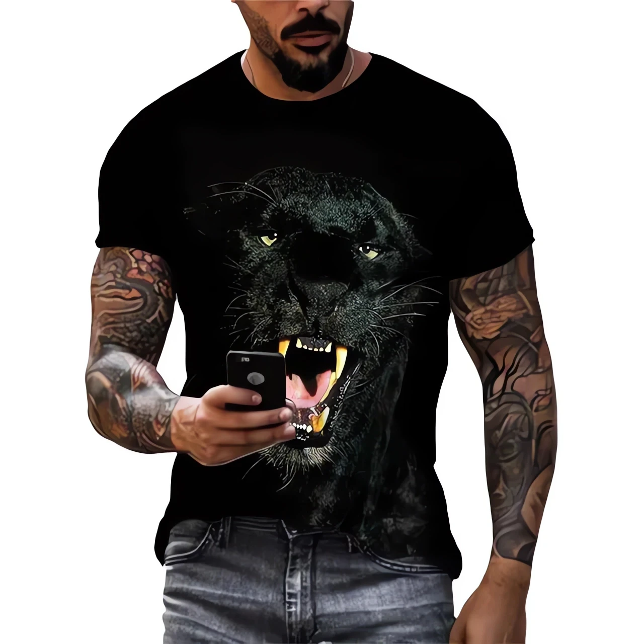 New summer fashion trend new 3D animal print Panther pattern O-neck casual t-shirt