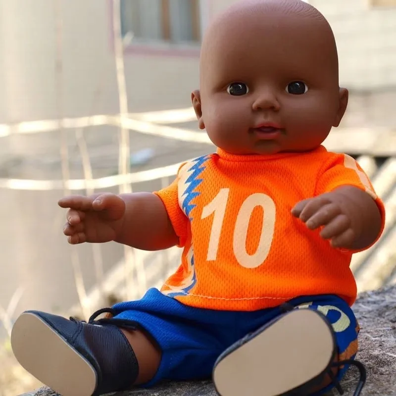 11 Inch African Black Doll American Reborn Baby Doll Boy with Football Clothes Bald Head Simulation Soothing Dolls Girls Gifts