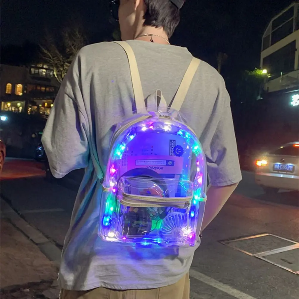 سعة كبيرة أضواء LED حقيبة مدرسية سحاب مقاوم للماء إغلاق PVC حقيبة ظهر شفافة مرئية متعددة الوظائف