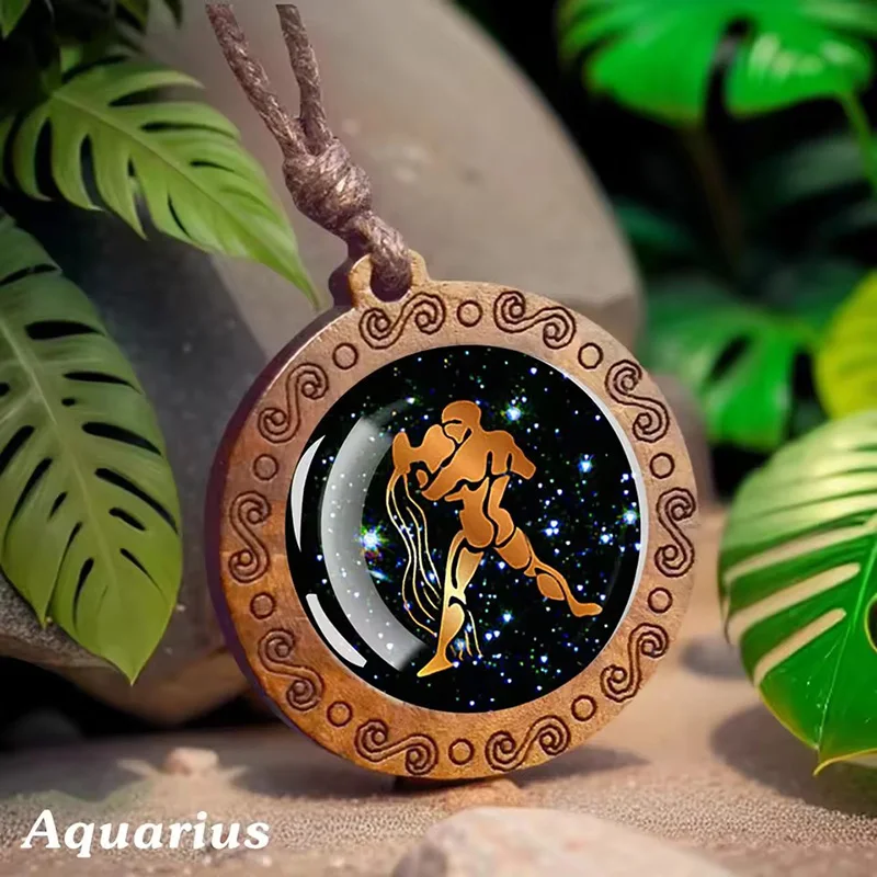 خمر 12 زودياك تسجيل الزجاج قلادة خشبية قابل للتعديل حبل طويل سلسلة قلادة كوكبة المجوهرات