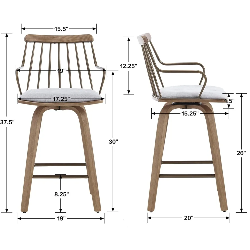 26 Inch Counter Height Bar Stools Set of 3, Swivel Counter Stools with Curved Arm and Footrest, Upholstered Wood Barstool