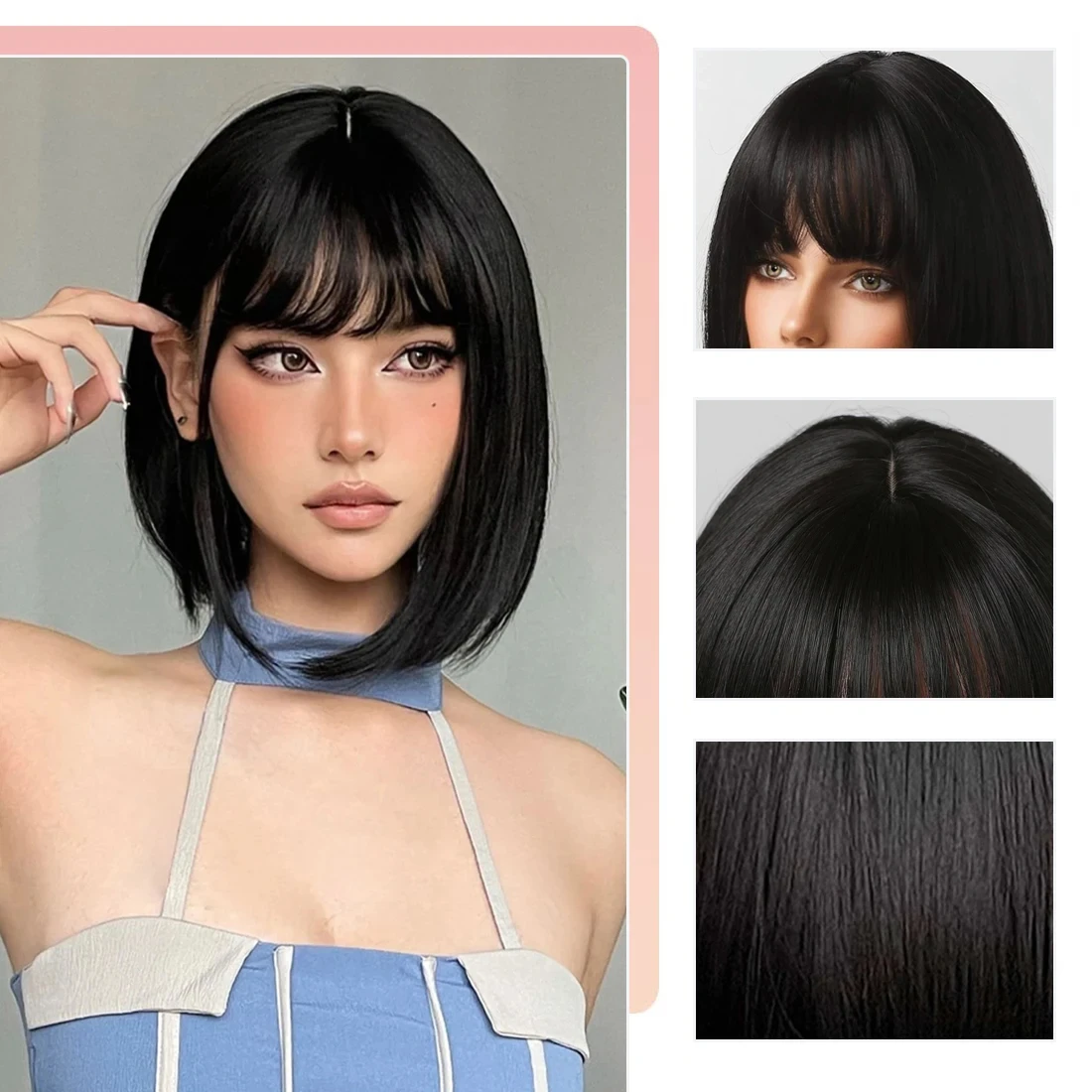 Black Bob Hairstyle Synthetic Wig for Halloween Party Cosplay Wig Daily High-Temperature Hair Accessory image 3
