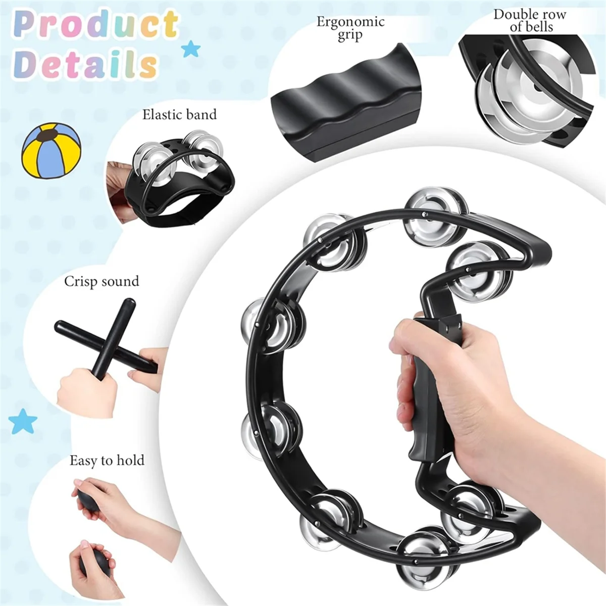 6 Pcs Tambourines, Hand Held Half Moon Tambourine with Rhythm Sticks Egg Shakers Musical Percussion Instrument Set