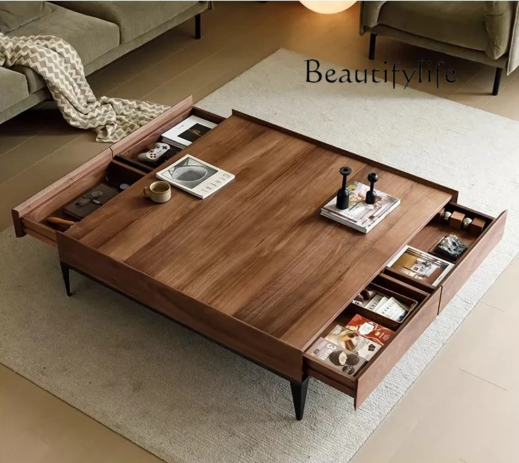 Minimalist Coffee Table Designer Living Room High-End Walnut Color Storage Square Coffee Table Combination