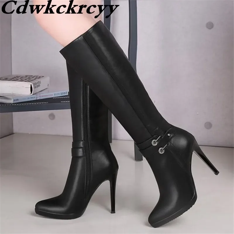 winter New pattern fashion Belt buckle Chivalry boots High cylinder Sharp head Fine heel long and tube-shaped Women Boots 34-39