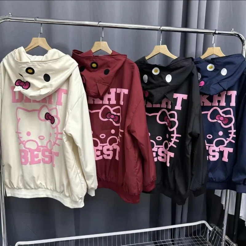 New 3D Ears Sanrio Hello Kitty Bomber Jacket Women Autumn Embroidery Long Sleeve Coat Japanese Y2k Zip Up Hoodies Clothes 2023