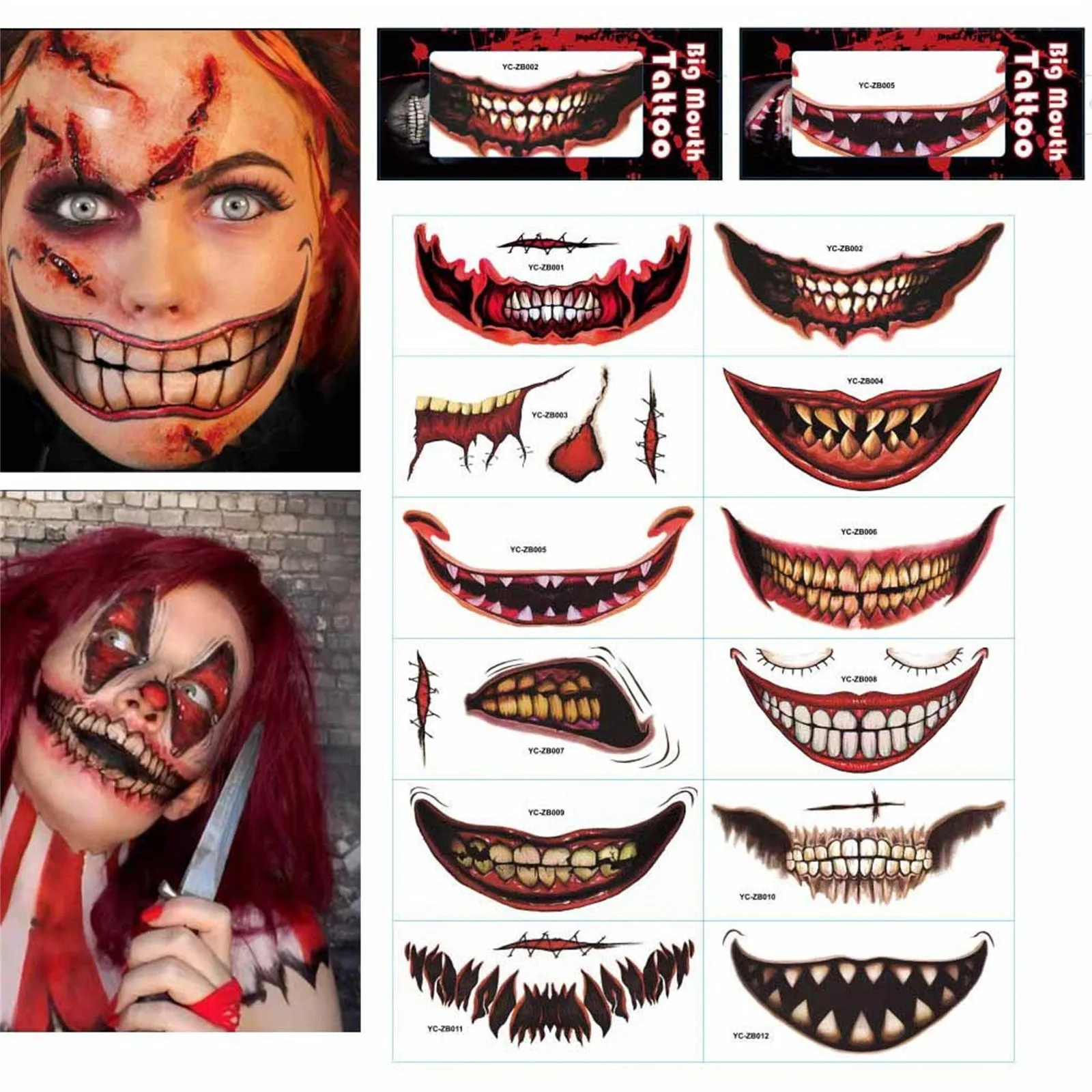 24 Uds. Pegatinas de barra bucal de terror de payaso de Halloween pegatinas de labios sonrientes divertidas personalizables pegatinas de boca grande de demonio aterrador