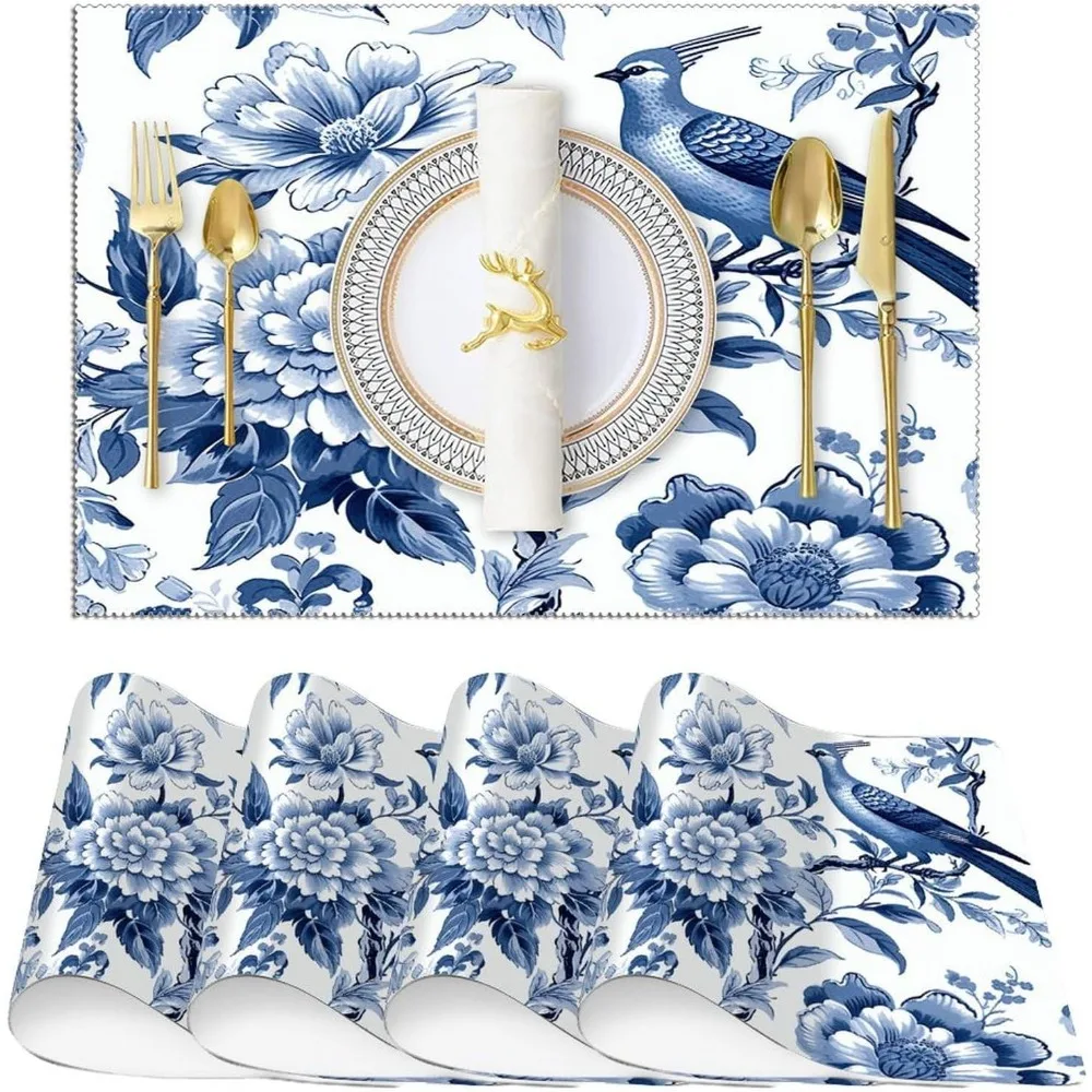 Chinoiserie Placemats Set Of 4 Indigo Blue Bird Floral Resistant Oxford Cloth Place Mats Asian Rustic Table Top Decor For Dining