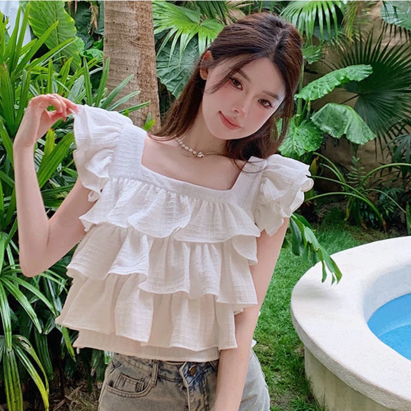 Flying Sleeve Blouses Women Ruffles Sweet Students Princess Loose Fashion Popular Korean Style Temperament Tender Square Collar