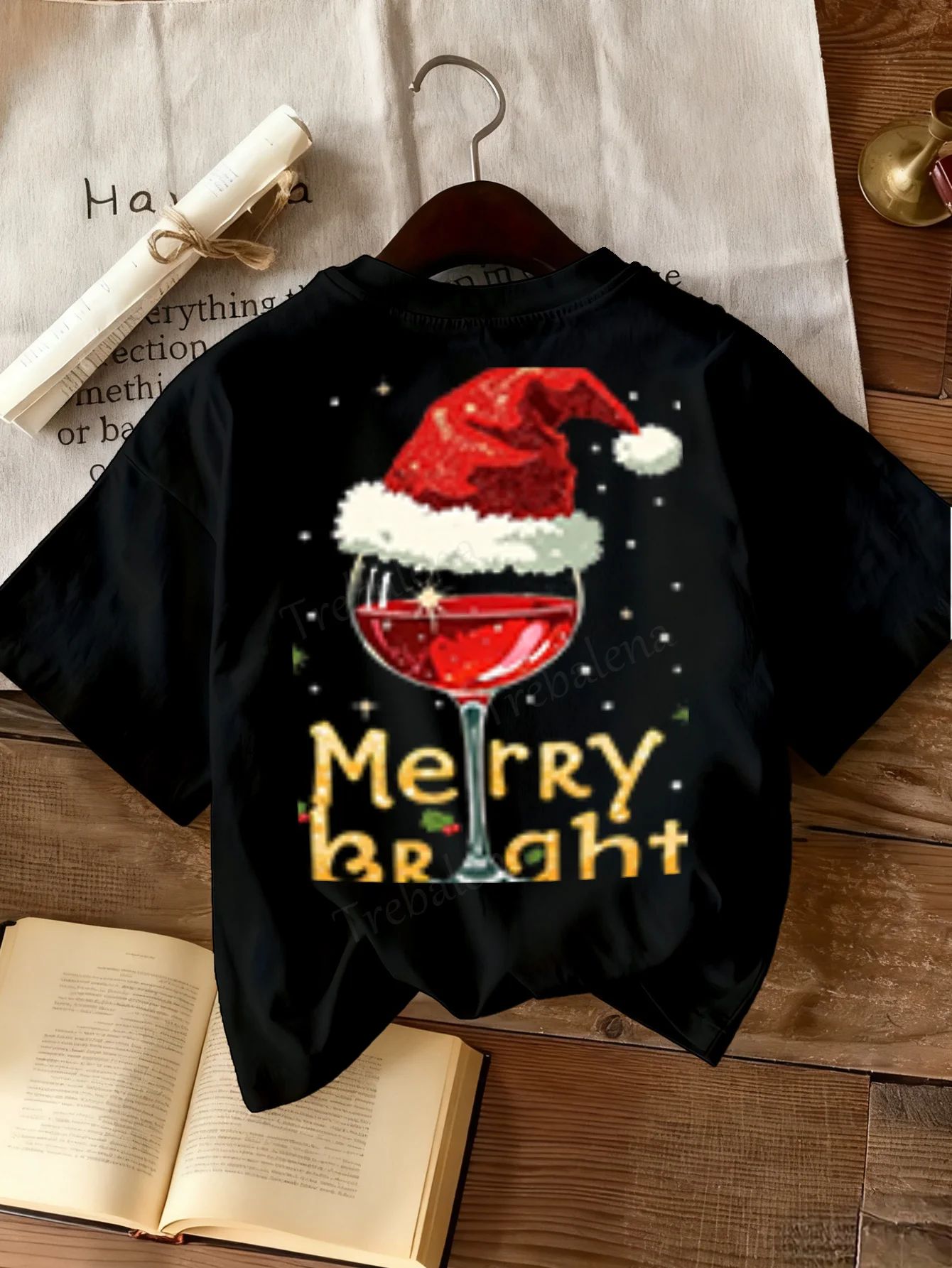 

Women T-shirt Merry Bright Wine Santa Hat T-Shirt for Women