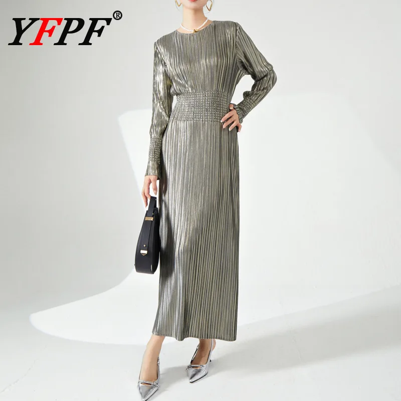 

YFPF Miyake плиссированное дизайнерское вечернее платье для женщин со сборкой на талии, однотонные тонкие длинные платья, элегантная осенняя новая одежда 2025 г.