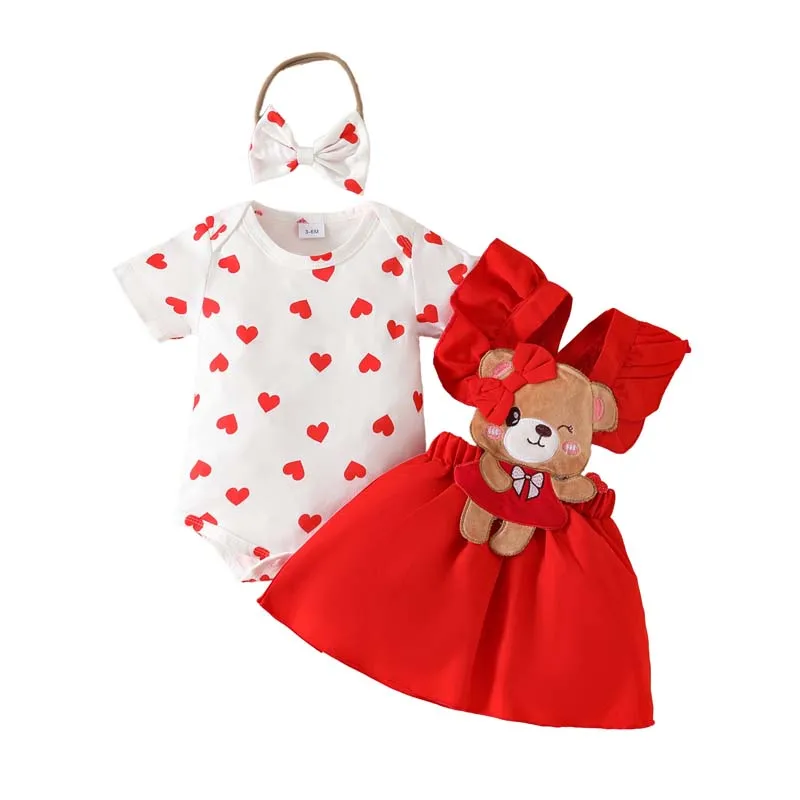 

0-18Months Newborn Baby Girl Clothes Set Love Print Short Sleeve Bodysuit Cartoon Bear Sling Skirts Hairband Baby Outfits Summer