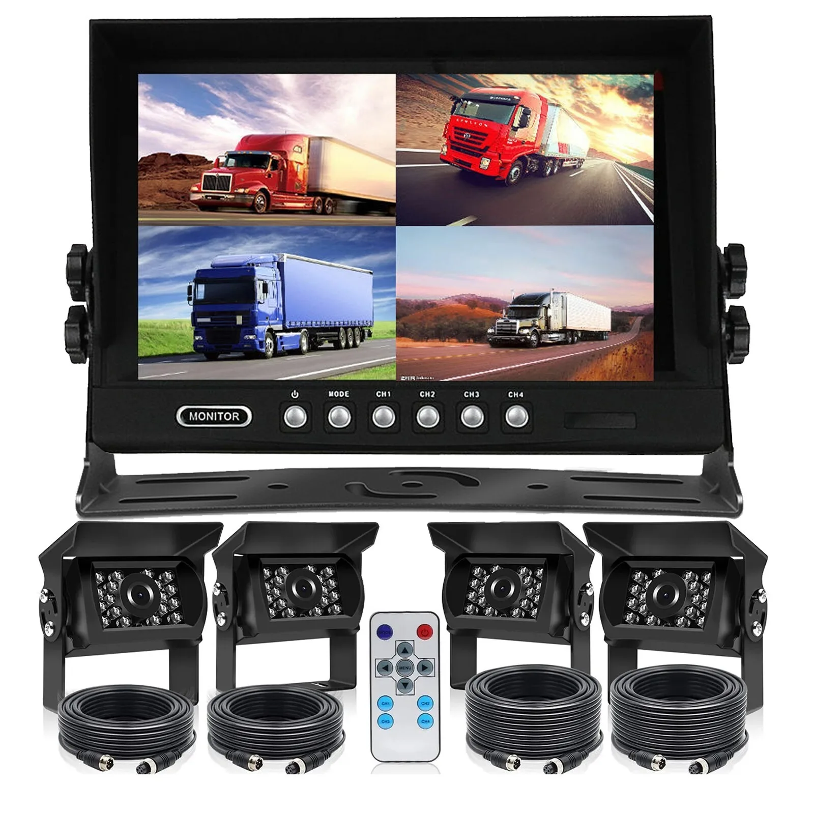 

Lastbus 9" TFT LCD Quad Monitor Split Screen With 4x Reversing Camera IR Waterproof CCD 4PIN For Truck Camper 24/12V