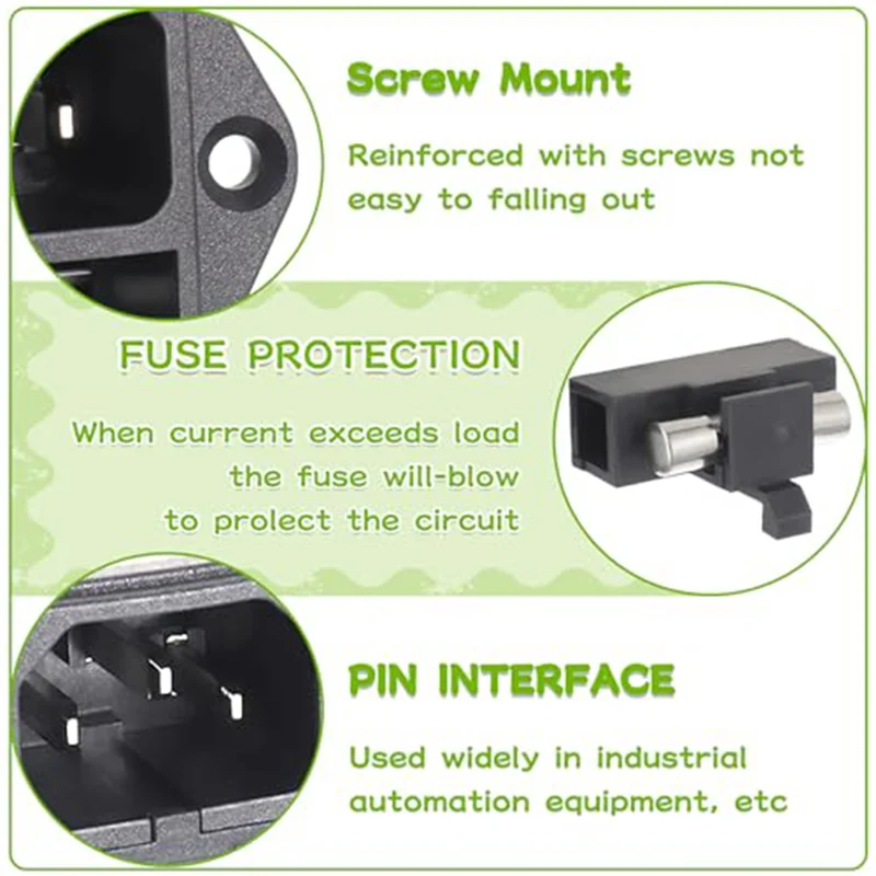 

TFORU-1 Set ABS Black AC 250V 10A 2 In 1 Mount Inlet Module Plug Socket Power Entry Connector Male Blades With 10A Fuse(Pack Of