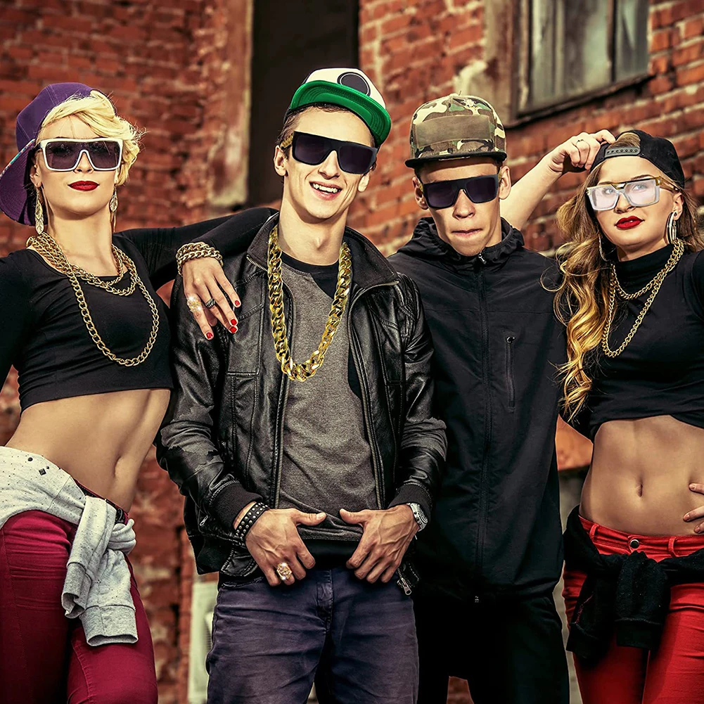 80s 90s Hip Hop Costume Kit for Men Vintage Rapper Cosplay Big Gold Metal Chain Glasses Bracelet Hip Hop Costume Accessories Set - view 6
