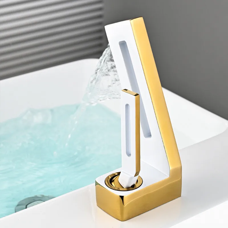 

Tuqiu Bathroom Faucet Brass Gold White Bathroom Basin Faucet Cold And Hot Waterfall Mixer Sink Tap Deck Mounted Black & Gold Tap