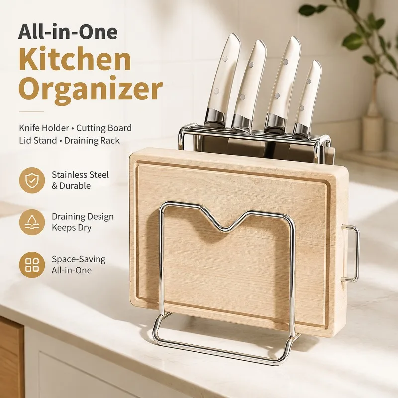 Stainless Steel Integrated Knife Cutting‑board Pot‑lid Storage Rack Multi‑slot Drain‑design Kitchen Organizer Blades Chopping