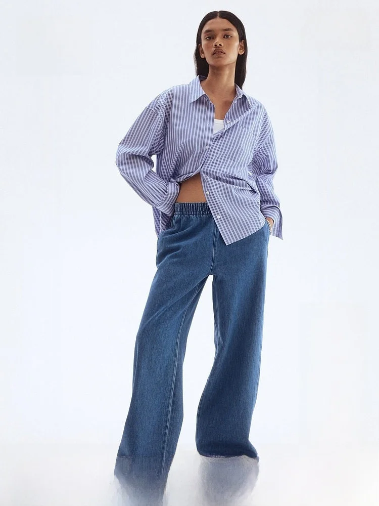 

H&M Women's Summer Wide Leg Jeans High Waist Loose Fit Long Pants Elastic Waist Cotton 100% Fashion Ladies Premium Denim