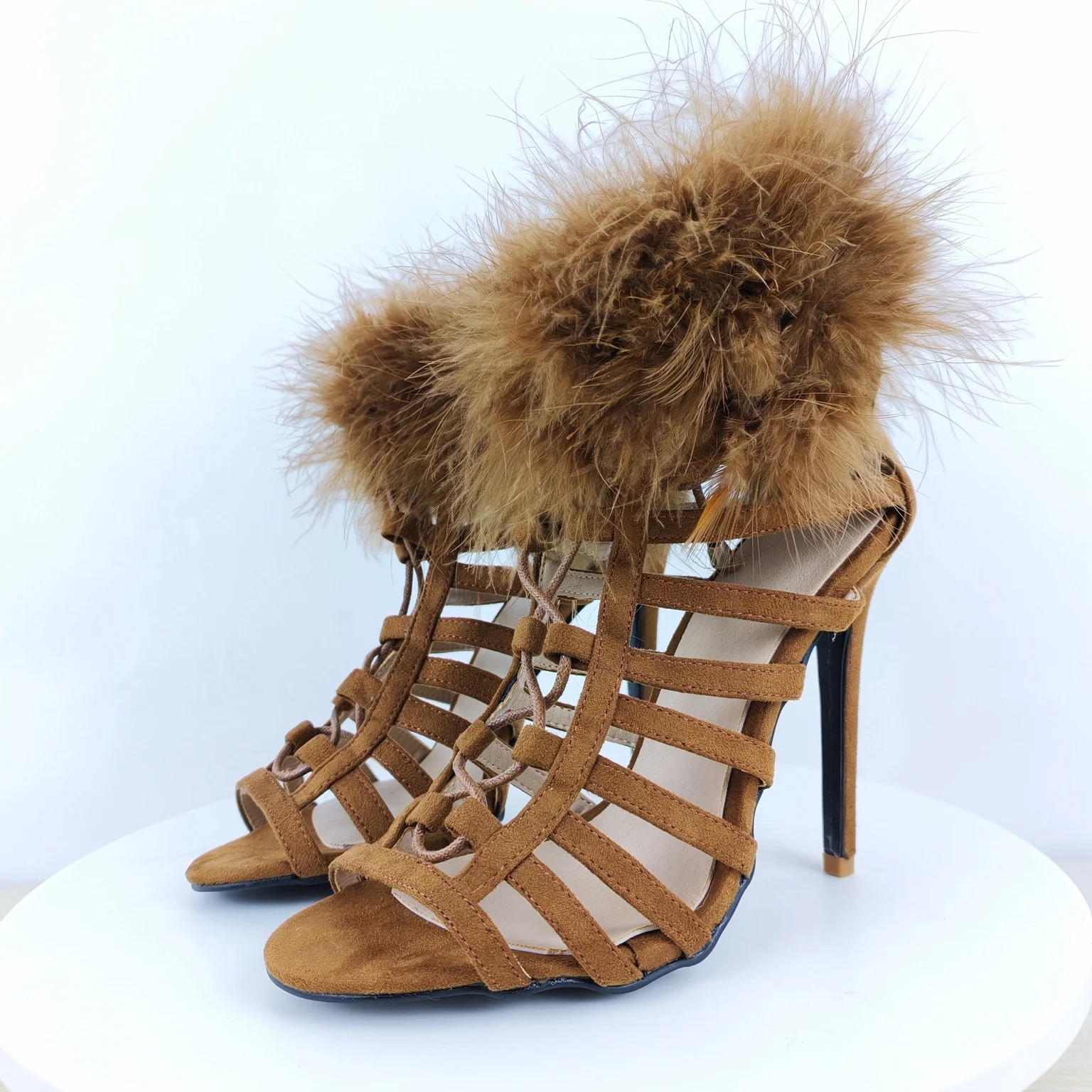 Women's Brown Suede Feather-Trim Heels Multi-Strap Design Stiletto Heel Glamorous Retro Style for Parties Burlesque Bold Outfits