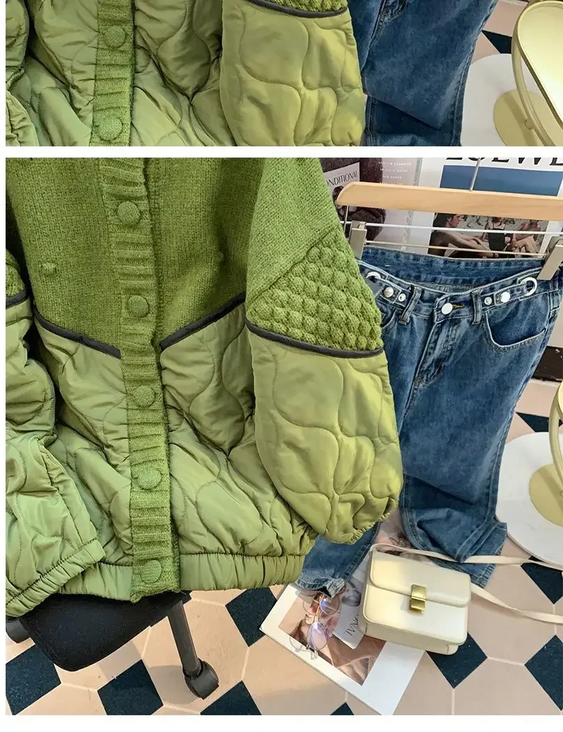 KUSAHIKI 2023 Autumn Winter Causal Parkas Chic Hit Color Knitted Patchwork Women Coat Korean Single Breasted O-neck Parka Jacket