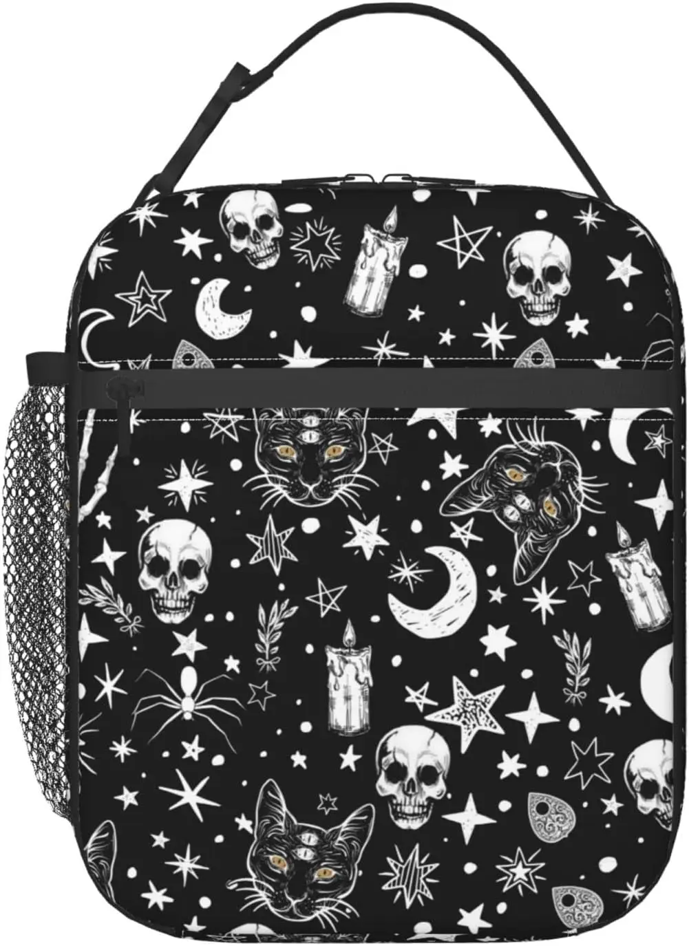 Skeleton Cat Pattern Lunch Bag Insulated Leakproof Lunch Box Tote Cooler Bag with Side Pockets for Work Picnic Travel Camping