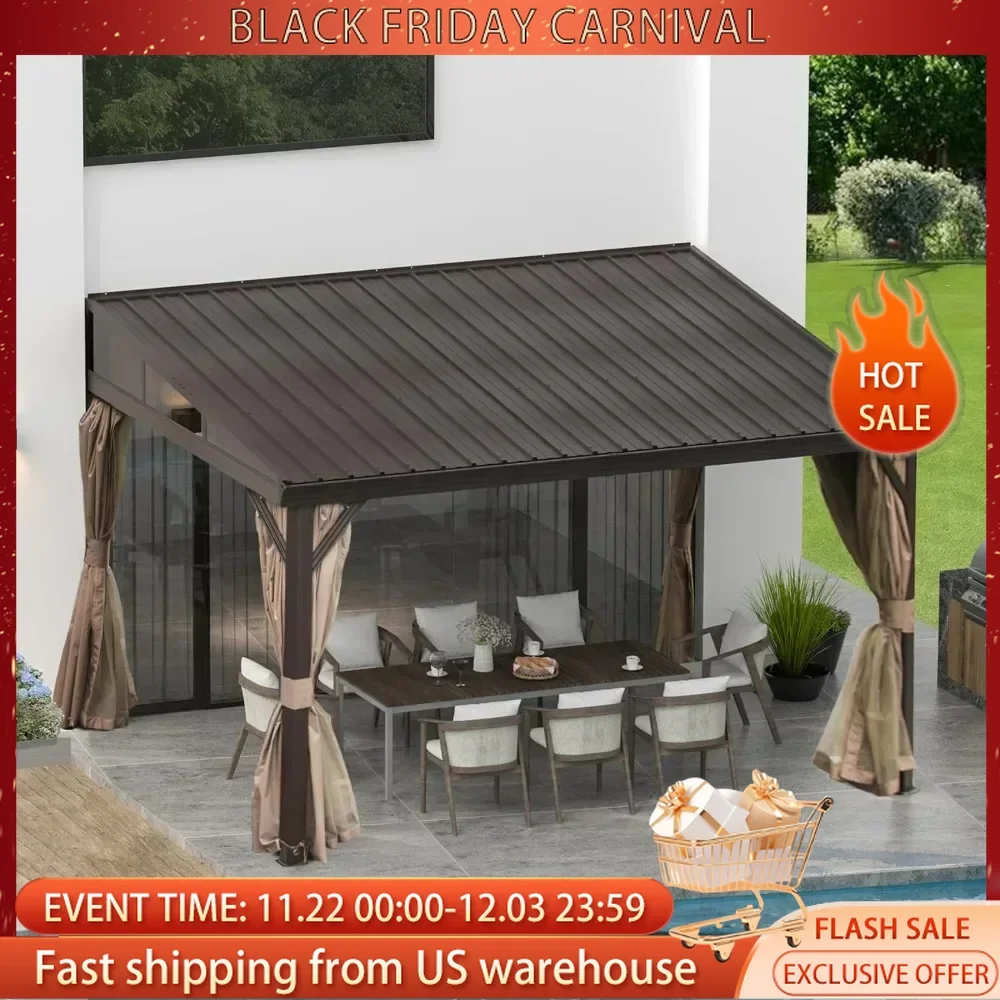 10' x 12' Lean to Gazebo with Aluminum Frame,Wall Mounted Gazebo Hardtop Galvanized Steel Sloping Roof with Curtains and Netting