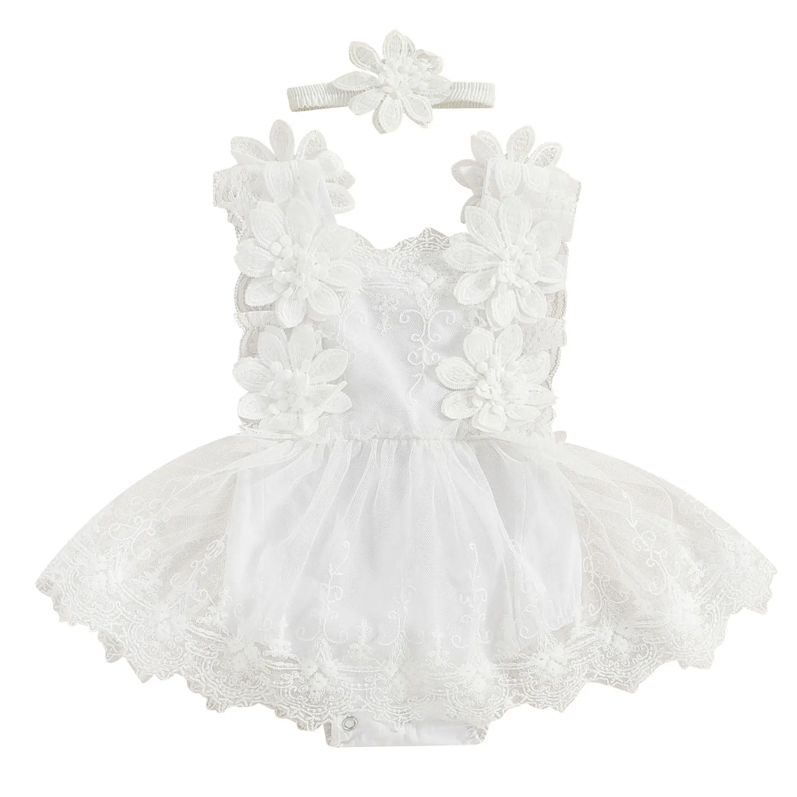 

Infant Baby Girls Summer Princess Rompers Dress Flower Lace Mesh Tulle Tutu Dress with Floral Headband Birthday Party Outfits