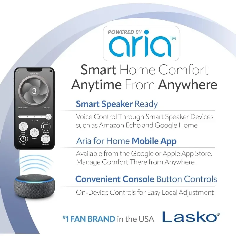 Smart Oscillating Tower Fan Powered by Aria, Wi-Fi Connected, Voice Controlled, Compatible with Alexa and Google Assistant