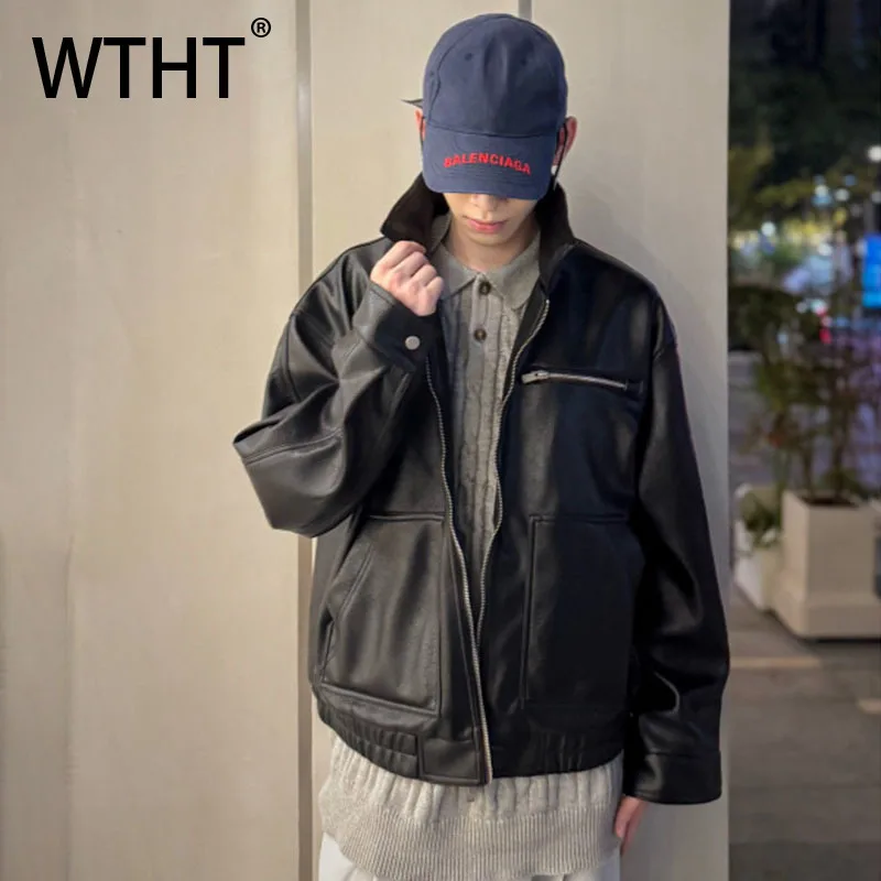 

WTHT модные мужские кожаные однотонные уличные пальто на молнии, модные свободные повседневные куртки с воротником-стойкой, мужские осень 202, 2A1891