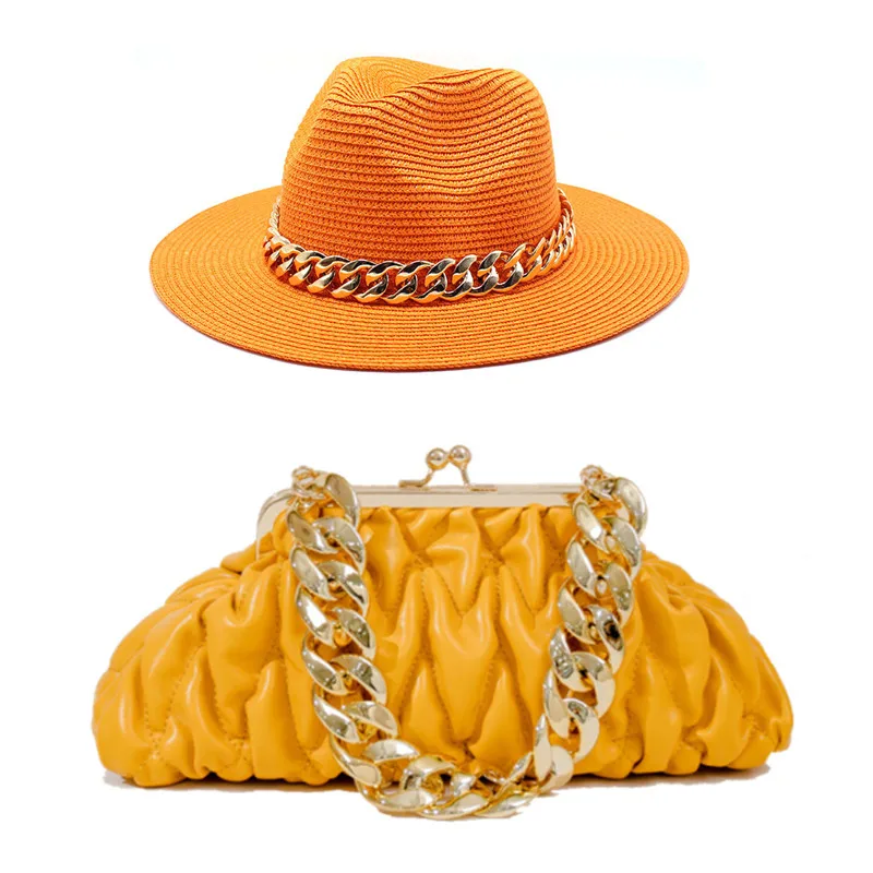 hat bag sets women fedoraStraw Hat and Bag Set Gold Chain Bag Hat Set Ladies earring fedora Church Fedora Party Jazz Straw Hat
