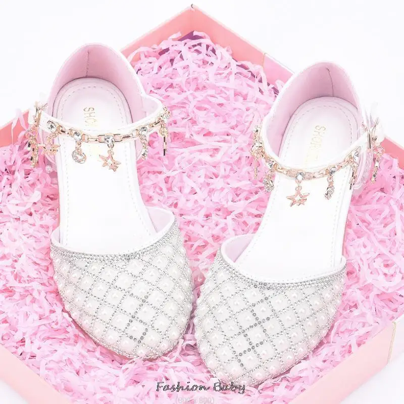 Princess Girls High Heels New Children With Pink Dance Single Girl Crystal Sandals Bowknot Rhinestone Beaded Leather Shoes