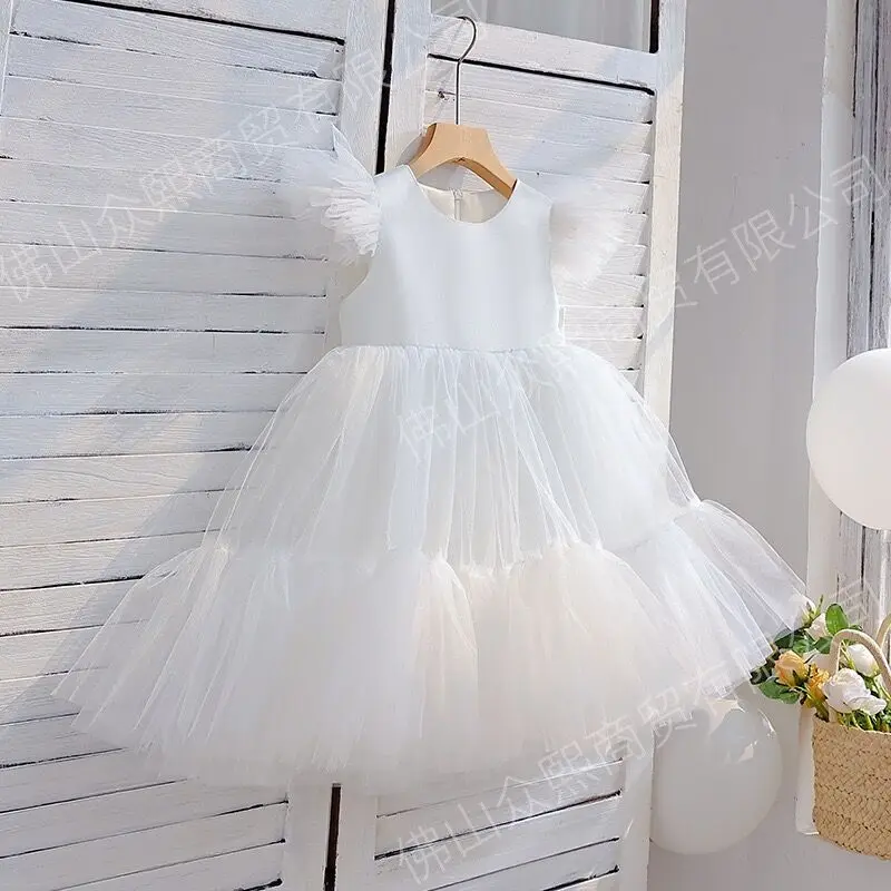 Elegant Girl Fluffy Dress Lace Tulle Princess Wedding Ceremony Costume Birthday Outfits White 1st Communion Gown Kids Gala Cloth