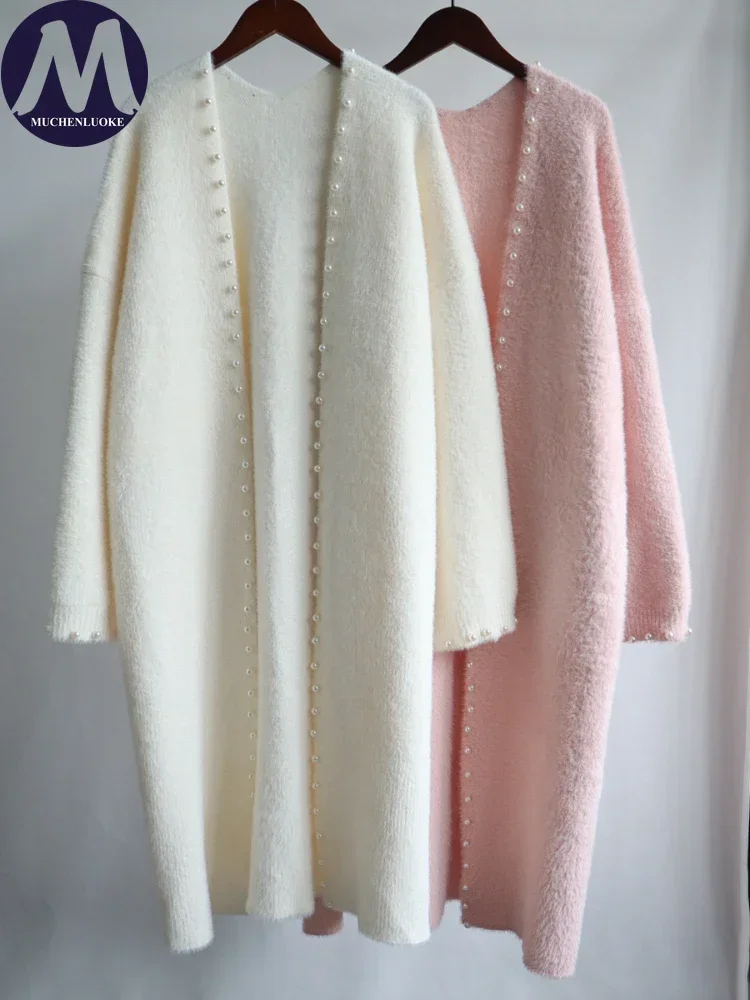 

Женский длинный вязаный свитер, осенне-зимний модный повседневный свободный кардиган, трикотаж с пуговицами и бусинами для ногтей