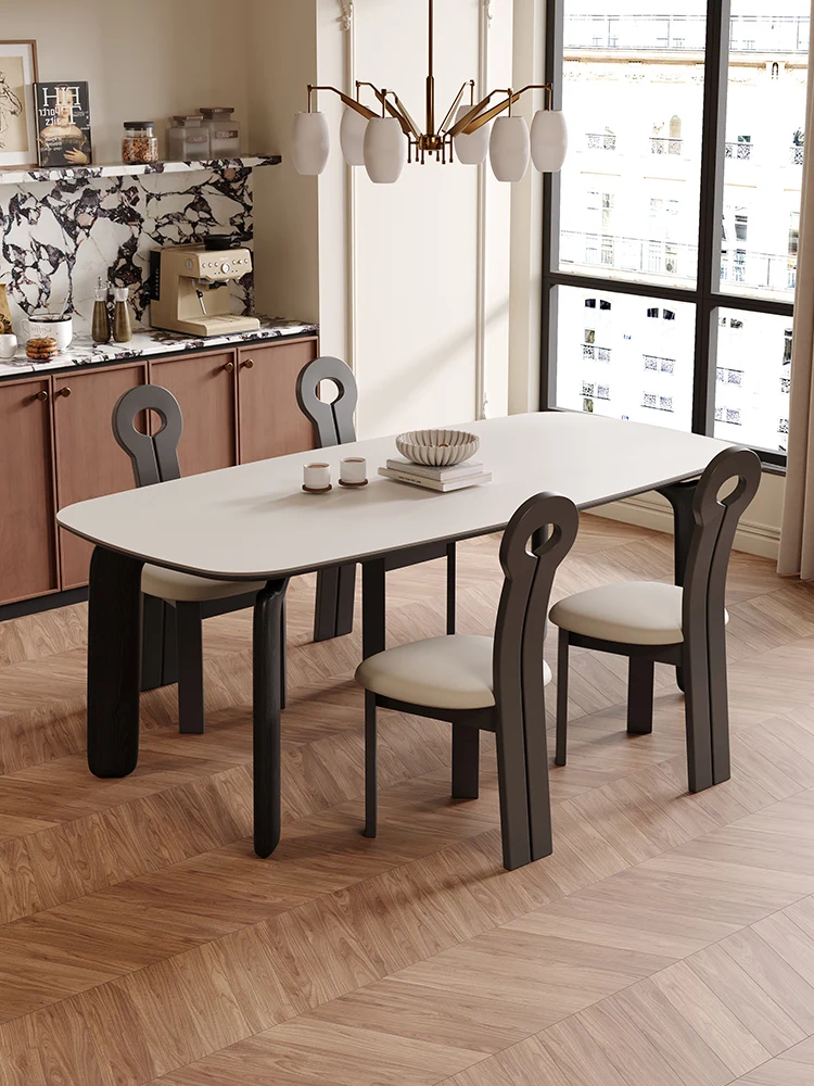 Vintage solid wood dining table, modern minimalist home, small apartment, rectangular matte white slate dining table